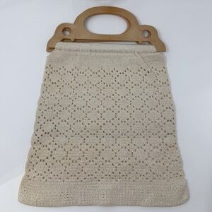 Vintage Crochet Knit Handbag Top Handle Boho Cottagecore Market Tote Neutral